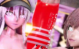 Futanari threesome with double penetration and double cumshot