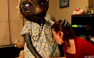 Jodi Taylor gets fucked by her bf and an alien in E.T. parody