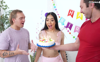 Two big cocks for pretty Asian harlot for her B-Day