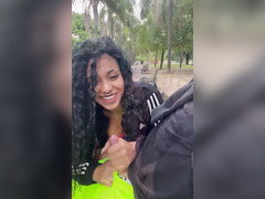 Horny slut really loves to give a blowjob in a public park