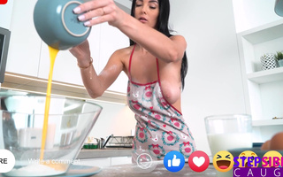 Slim Busty Brunette Beauty Got Fucked By Her Step-bro In the Kitchen During Her Naked Cooking Show