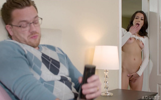 Hot step-mom Natalie Brooks caught her step-son jerking and sat on his cock