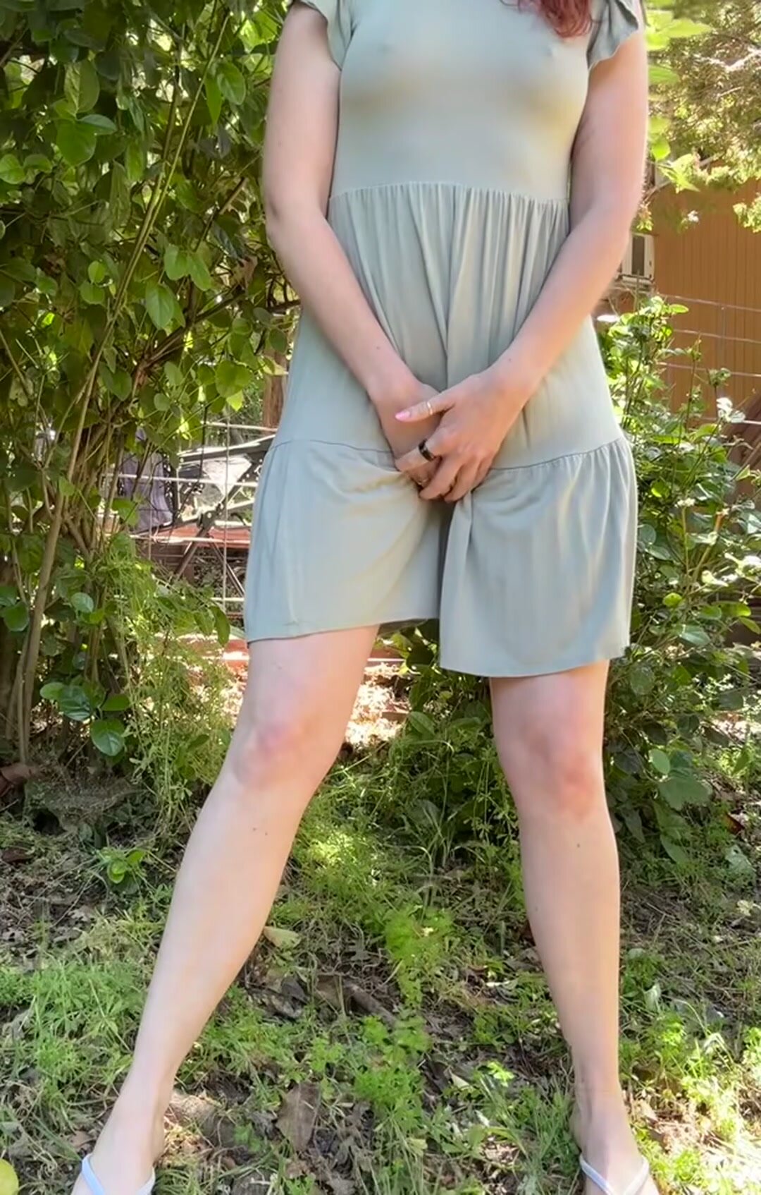 Full length in the backyard having a good girl tinkle