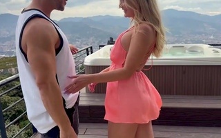 Plumpish Busty Blonde PAWG Gets Deepthroated & Fucked Hard By a Horny Jock By the Pool