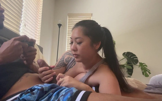 Perfect Morning handjob by my Asian gf while I'm playing games