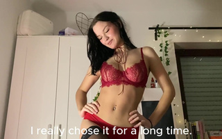 Hot Brunette gf in red lingerie gives me head before she goes to the club