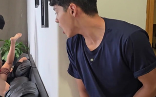 Perv stepson fapping while her hot stepmom is getting fucked by a burglar