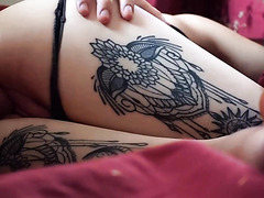 Tattooed thighs girl got her pussy pumped with cum inside