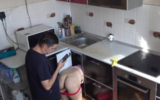 Sexy babe with nice ass stuck under the sink and her horny neighbor used this opportunity to fuck her doggystyle