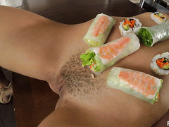 Alexis Tae serves rolls and sushi on her tight Latina body - POV