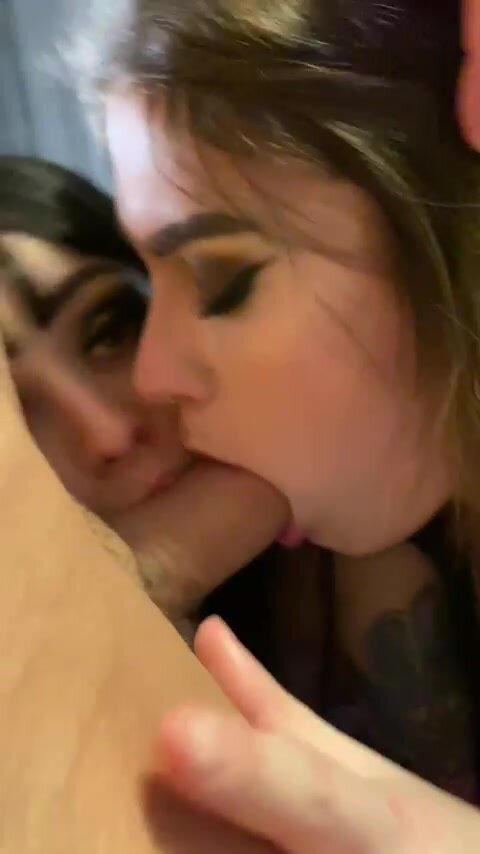 Girl letting her bestie stuff my cock down her throat